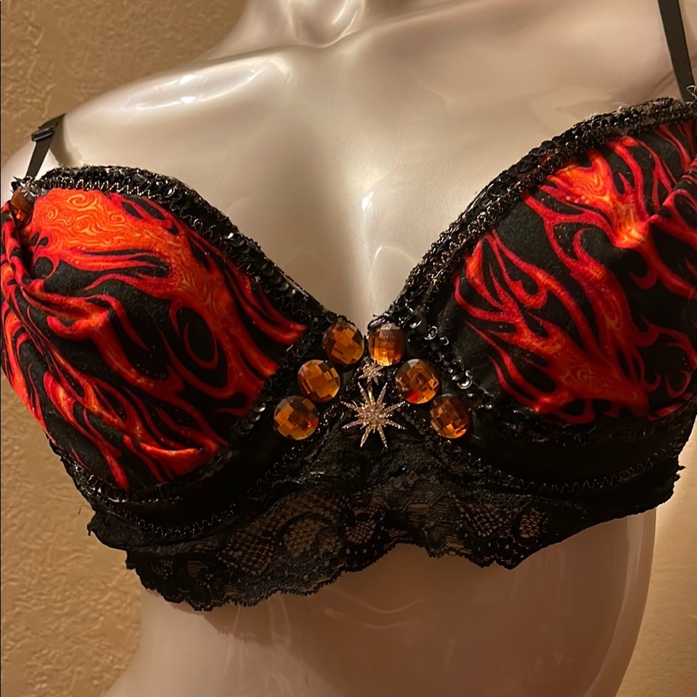 Black and Red Fire Design Costume Top upcycled to bling